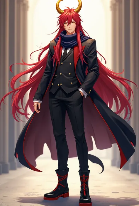 cuerpo completo, Young adult anime boy with long red hair with golden horns and yellow eyes dressed in a suit with a dark blue scarf. Wearing black boots with red stripes .