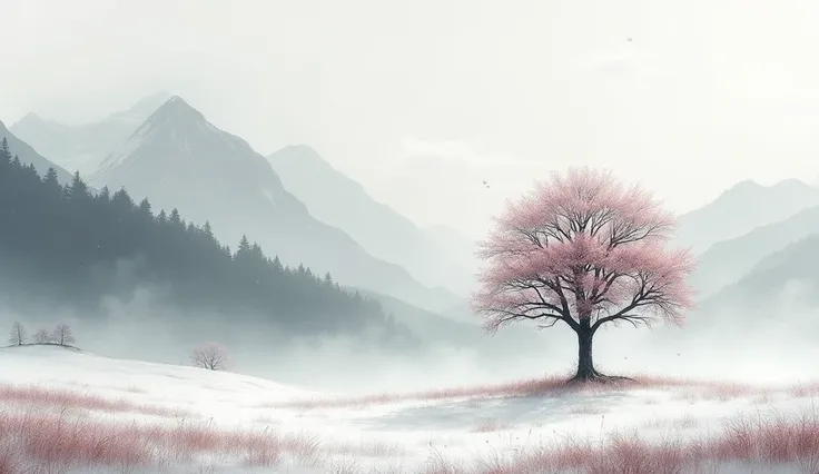 Ink wash style，winter day、Maple wood、、snowy mountains、the tree、grassy fields、（lightning：1.0）、epic composition、Realistic lighting、high definition detail、masterpiece、Best Quality，（Highly detailed 8K unified CG wallpaper）