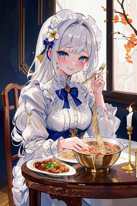 (super detailed:1.2, masterpiece:1.2, best quality:1.2, high res:1.2), Saintess, Silver hair, white and blue clothes, Golden eyes,  Blushing , Spicy ,  Dining Table , ramen, I enjoy using a fork ,  Spicy , Stick out your tongue,  Tears