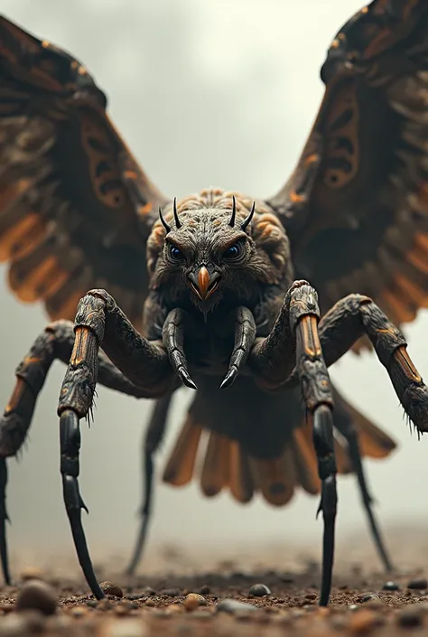 Create an ultra realistic image of a spider staring at a hawk, Theyre both mad .  make them with their bodies showing