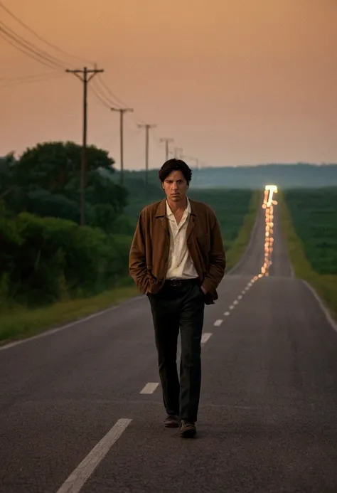  The image of an empty road at night ,  illuminated only by the faint light of a lamp . In the background, a solitary figure, of masculine gender,  in simple clothes , walking disoriented .  he has dark brown hair, short, and brown eyes,  with a semblance ...