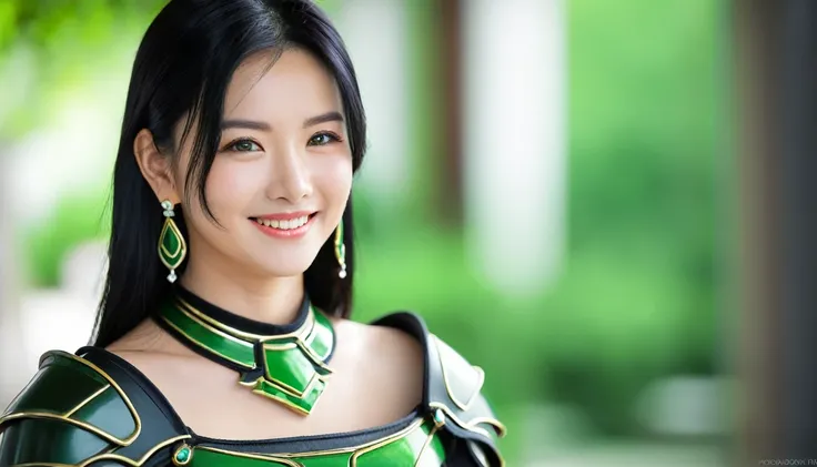 1人of女of子, armor, black_hair, Blur, Blur_background, Blur_ foreground , chest, green_eye, closure_mouth, Depth_of_Field,  earrings for a woman alone,  jewelry, length_hair, Watching_in_ viewer, smile, Alone,  upper _body