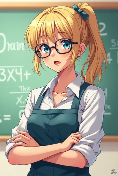 Create an anime drawing of a young math teacher, white-skinned,  dark blond hair, glasses,  in which the following characteristics are evidenced: Content mastery ,  Pedagogical adaptability ,  Ability to inspire Patience , creativity,  Effective use of tec...