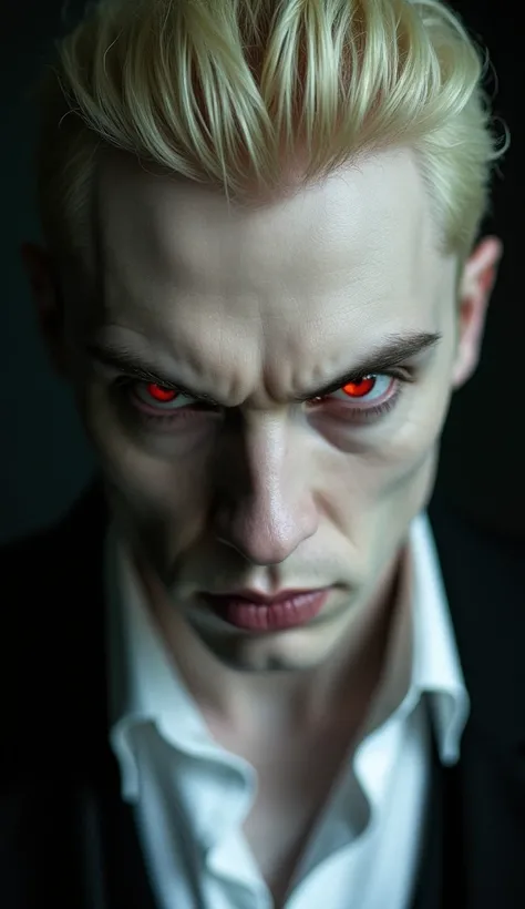 Close-up shot of a pair of blood-red eyes， Photograph the look of a vampire， His pupils turn red ，The vampire man looked down and sneered at the center of the picture， pale skin ， golden eyebrows ， the short platinum blonde being neatly brushed backwards ，...