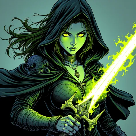 A mysterious female warrior illustrated in a Japanese manga comic style, featuring bold ink lines, dynamic shading, and dramatic contrasts. She wears a dark, hooded cloak adorned with intricate gothic designs, with her glowing neon-green hair flowing wildl...