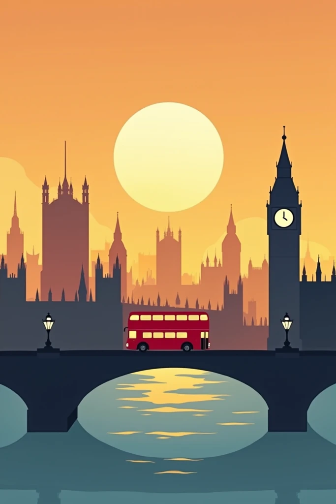 Create a detailed, stylized, minimalist representation of a London cityscape at sunset. The color palette should include shades of orange, yellow, and gray to depict the sky, with the sun as a large semi-circle at the top. Include iconic landmarks such as ...