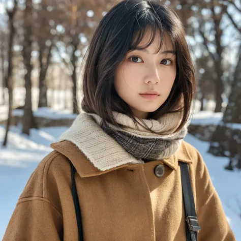 A hyper-realistic image of a single Japanese woman in her early 20s, captured with the nostalgic warmth and graininess of a film camera. She is dressed in layered winter clothing, including a cozy coat, a textured scarf, and visible knit details, with no s...