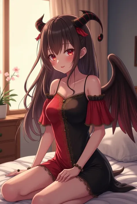 Enchanting, attractive, youthful Half angel half devil girl, pretty clothes, body, hair and background combined with angel and devil style, unique clothes, more creative image ideas, in room, bedroom props fit for a half devil half devil, hyper anime reali...