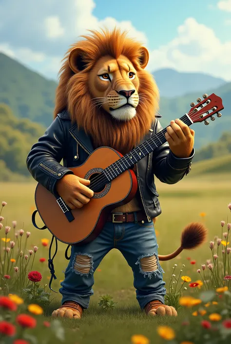 The cutest big lion in the world plays professional classical guitar、(( Rocker outfit  :1.3))、 in the middle of a beautiful field