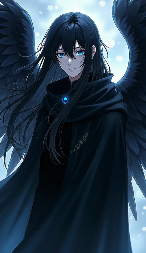 Young man, extremely long and straight black hair, fair and pale skin, black clothing, black cloak, black hair and blue eyes, Adult, attractive, loose hair, black angel wings, is a god, neon blue eyes, long hair, no bangs, no fringe.Cabello largo, Cabello ...