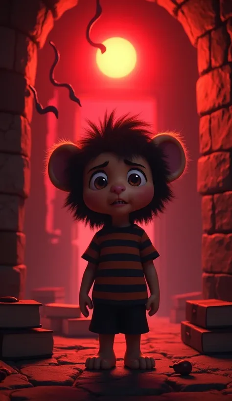 Kittu, the 4-month-old male baby lion, human type black hair long fluffy fur and striped T-shirt and black pant,       
standing in the center of the lighthouse’s top room, illuminated by a pulsating red orb hovering above him. His striped T-shirt glows fa...