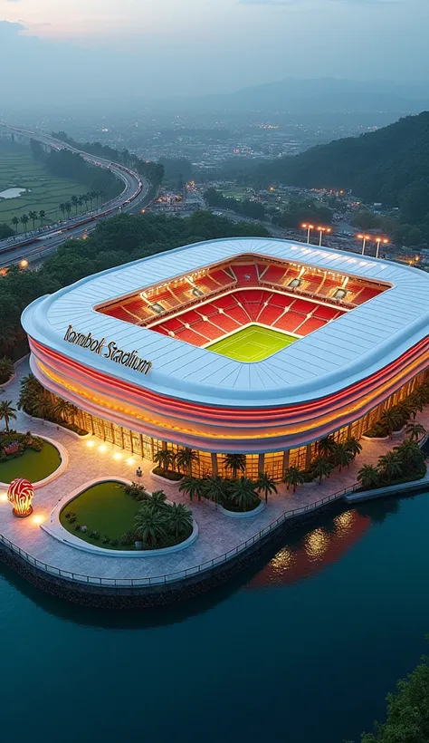 a stadium is in the middle of the sea modern state-of-the-art model topped resembles a boat and is lined with marble lit red white and yellow lights above it modern multi-storey there is a mall and overpass above the terraced stadium and many ornamental st...