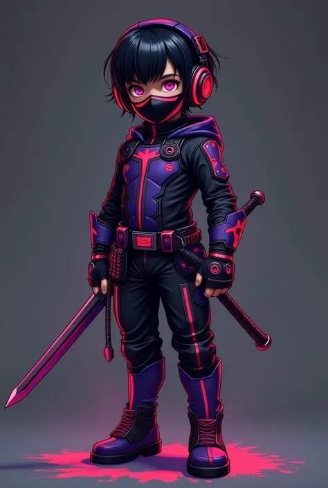 a boy bodysuit  purple and black and red outline outfit and boot accessories fingerless gloves  video game arcade  busters sci  Fi  headphones, belt v warrior black short hair bang fair skin a sword  mask  black man shadow warrior 