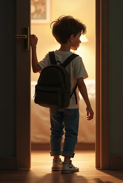 Boy entering opening a room door ( from outside )