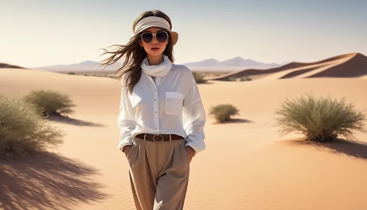 (( best quality)), ((masterpiece)), ((Realistic)), (( best quality)), ((masterpiece)), ((Realistic)), Girl walking in the desert, Tired ,  wearing loose clothing 　long-sleeved shirt and pants ,  headgear ,  sunglasses, Very beautiful,  in natural, casual s...