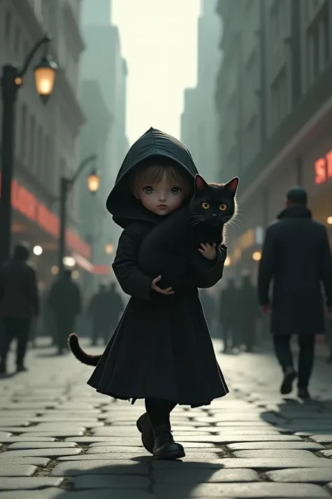 A little  walking down the street, wearing black clothes and carrying a black cat.