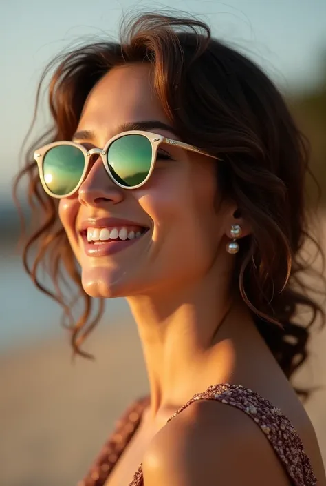 Crea una foto de perfil de una chica blanca con ojos verdes sonriendo mientras usa sus lentes de sol, haz que parezca lo mas natural posible 