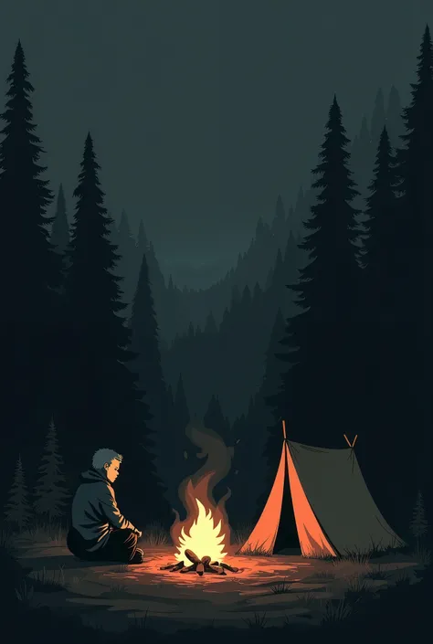 A person in a forest with a campfire and a tent watching the nightfall all completely black, less lively and darker, simpler and all drawn in black, the black campfire enhances it.