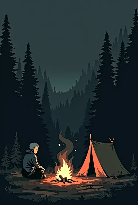 A person in a forest with a campfire and a tent watching the nightfall all completely black, less lively and darker, simpler and all drawn in black, the black campfire enhances it.