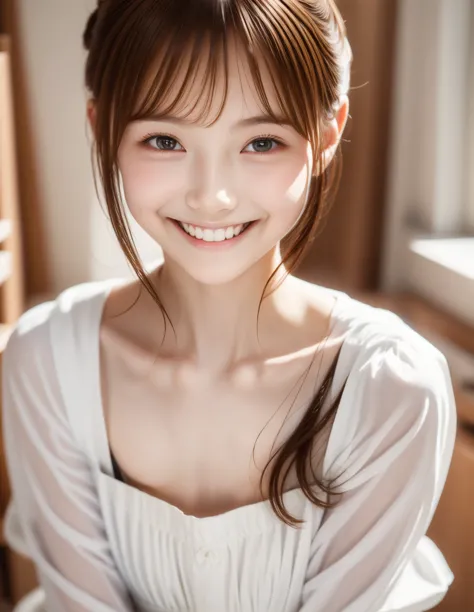 maid,cute pretty girl,masterpiece,high definition,4k,8k,16k,chignon hair,brown hair,skinny,thin body,smile