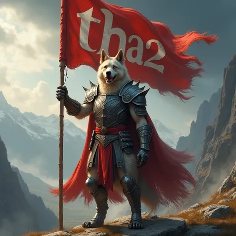 A dog wearing a warrior costume, standing on two legs, holding a battle flag that says the word Tha2 is on the flag.