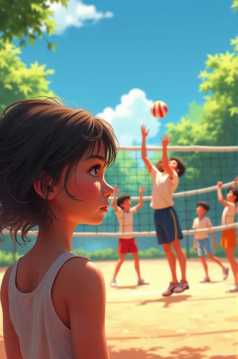 Girl watching a group of boys play volleyball 