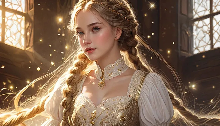 A wonderful masterpiece,  upper body, (adult: 1.6) Hungarian Women, (Kyahaha!: 0.4),  in the tower, Golden braids, Sparkling Eyes, victorian sundress, Floating light particles, Center, Adding facial details