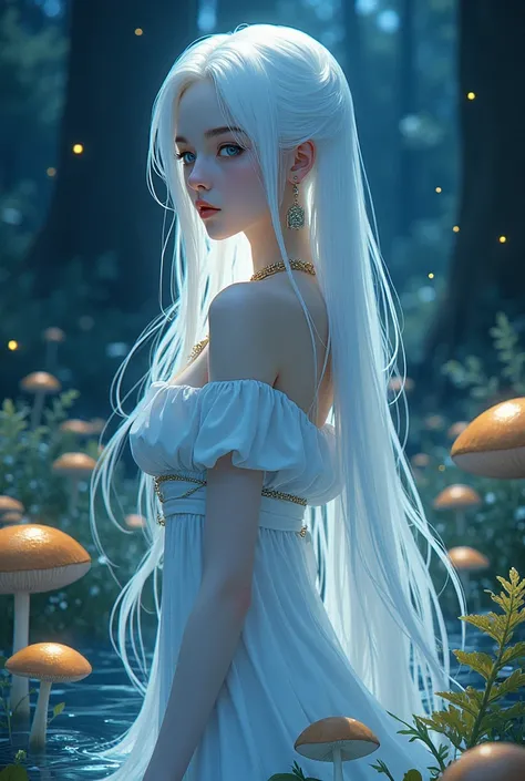 Japanese manga style, , fairy, long white hair, blue eyes, fair skin, gold necklace covering upper body, gold earrings, elegant standing, water, depth of field, forest, glowing metallic ferns, mushrooms, fireflies , night, front, low angle shot, complex, v...