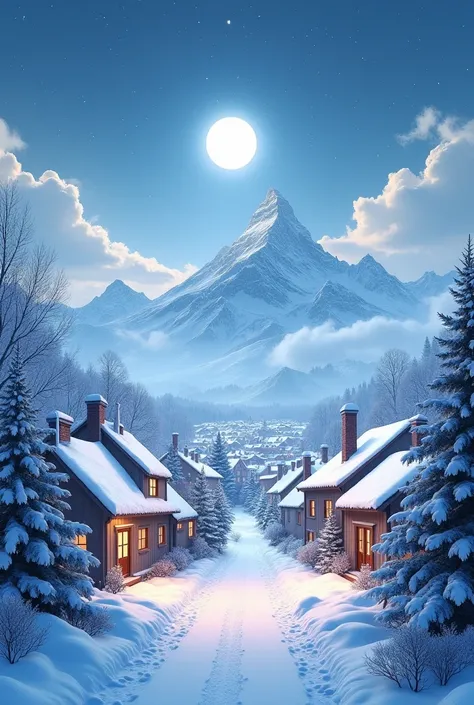 city of snow, houses with chimneys, white moon, snowy mountain