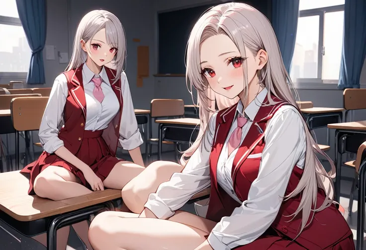 (delicate and beautiful), (immensely beautiful perfect illustration), (perfect parted center slicked-back look) (delicate hime cut) (vivid black delicate long hair), (best cool girl) (age 18), (best cool red eyes), (soft smile, open mouth), (cute glossy li...