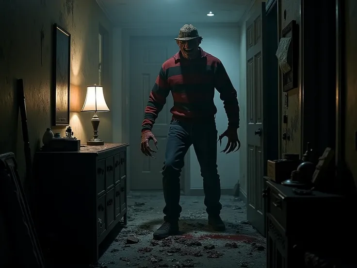 Realistic and dark image of Freddy Krueger attacking people in a gloomy house 