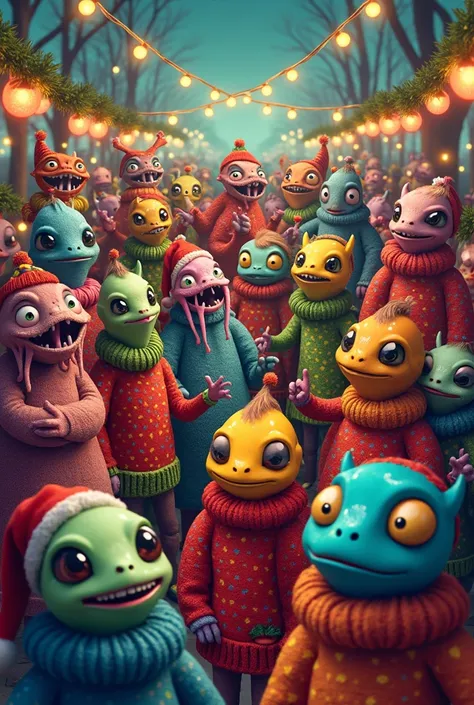 Funny ugly sweaters party with mamy alien races and animals weering unbly sweaters