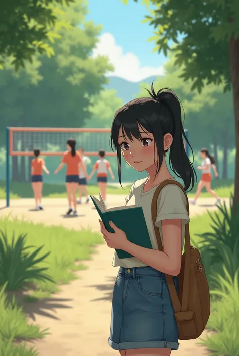 Girl walking in the park with her hair tied up and with a book in her hands sees a group of ren playing volleyball 