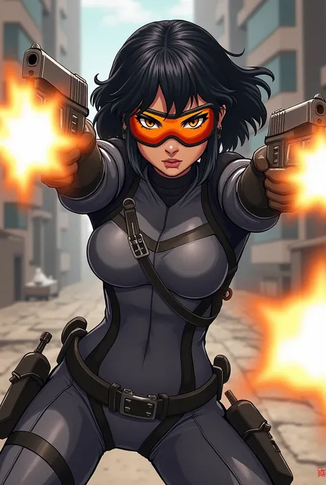 Create a beautiful female vigilante. Shes Navajo and has short black hair, tan-bronze skin, and amber eyes. I want her to be dressed in a gray tactical suit with black armored adjacent, Orange goggles over her eyes, a metallic muzzle covering her mouth, gl...