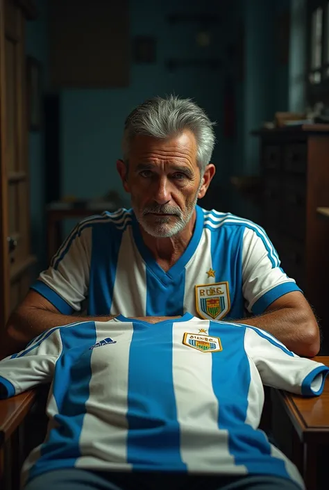 Space for drawing: Gonzalo sitting in front of the Argentina jersey, with his apartment in the dark .
