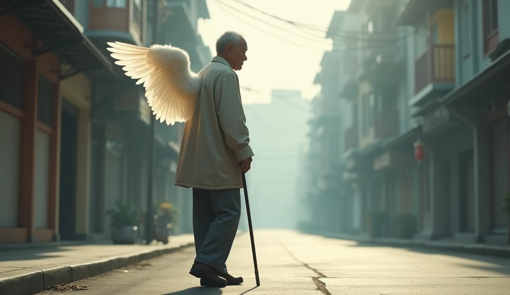 Give me an older Asian man in profile next to the photo walking on the empty street on the right side with his angel antras