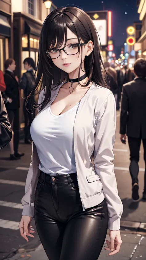  The best quality, ( masterpiece:1.3), ultra-detail,  detailed face , (highres:1.1), 1 girl, slim,  big breasts, standing, walking,  view from the front,  looking at the spectator,  long black hair , detailed eyes,  brown eyes, wears glasses,  choker :1.6,...