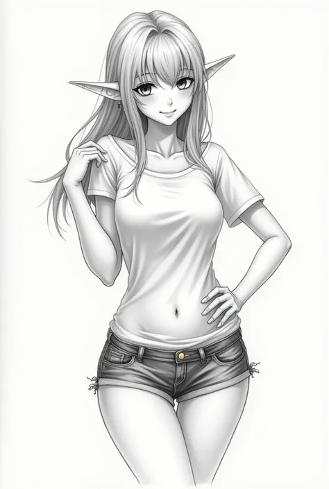  Semirealistic anime-style pencil drawing ,  an elf woman wearing a short t-shirt showing her belly , wearing short unbuttoned open denim shorts partially showing the panties, Shes doing a naughty pose  