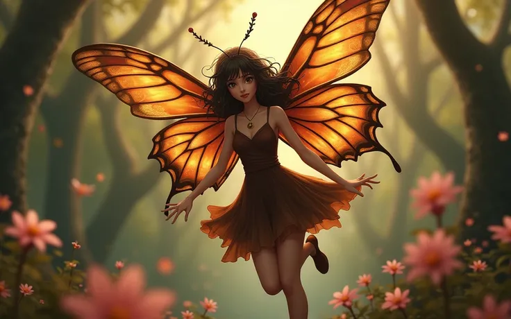 Beautiful fairy flying, she has butterfly brown wings and antennae , 
She is wearing brown dress
Dark horror High resolution,  Anatomically correct ,  depth of field ,  Lines of motion, 

Ilustração, Anime,Estilo rococó, 