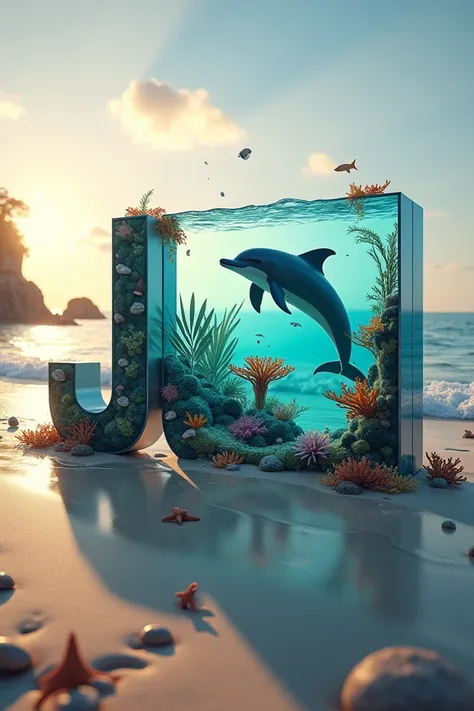  
A 3D render of a serene beach scene with a large aquarium-shaped letter "JOSERA". The letter is placed on the sandy shoreline, filled

with beautiful shells and starfish. The calm sea reflects the letter "Clark". Inside the letter "Clark", theres an aqua...