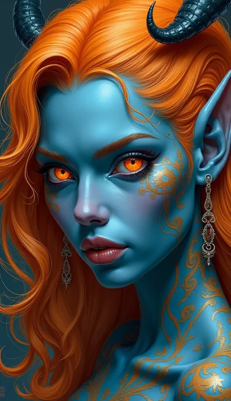 ((( masterpiece ))), ((( The best quality: 1.4))), (( super detail : 1.4)) ,  hyperdetailed gouache painting of a Tiefling woman, exotic and beautiful features ,  amber neon eyes :1.5,   orange hair,  hyper-detailed facial features , expressive face,   det...