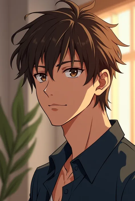 gender male
hair messy brown hair 
eyes hazel brown 
built hes of average height, with a lean build but fit. handsome face, calm exterior, anime style, smug face