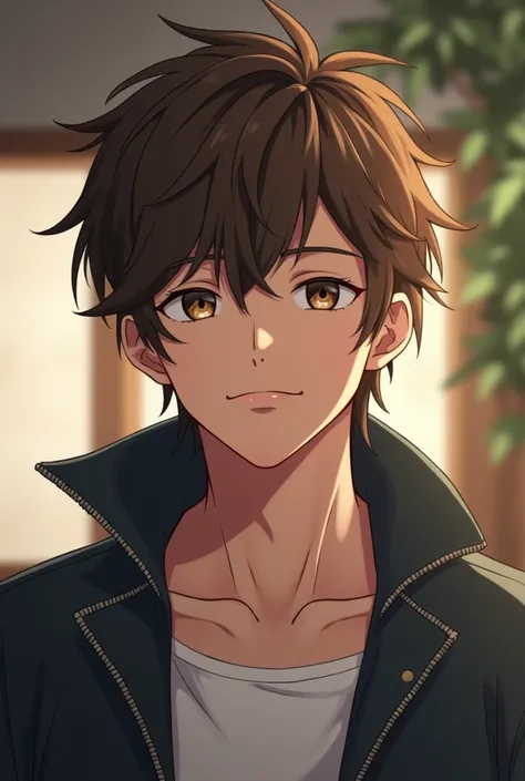 gender male
hair messy brown hair 
eyes hazel brown 
built hes of average height, with a lean build but fit. handsome face, calm exterior, realistic anime style, smug face