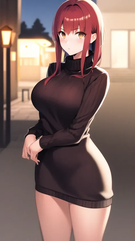 masterpiece, best quality, highres, girl, solo, looking at viewer, Shirou Emiya, Red hair, Brown Eyes, large breasts, sweater dress, long sleeves, turtleneck, outdoors, street, standing, cowboy shot, night