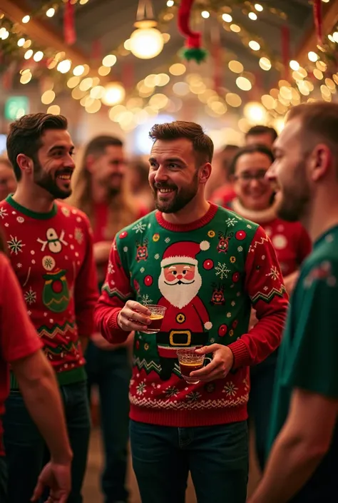 
Funny Christmas party with many christmass ugly sweaters