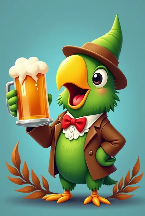 Cartoon style. cheerful green parrot with a gigantic yellow smilling beak, gigantic black eyes, styled as a tiny green gnome, wearing a brown blazer,, long brown leaves, white shirt, red bow tie, and a Panama hat, while raising a big beer mug.  blue backgr...