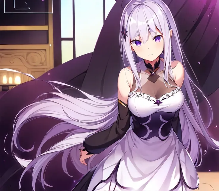 (masterpiece:1.2,  Quality Best :1.2),  1 girl at home ,  unique , White hair, 在左边的✳发夹 , Long straight hairstyle , Dark purple eyes，  black clothes ， is surrounded by black gas