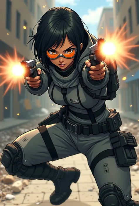 Create a beautiful female vigilante. Shes Navajo and has short black hair, tan-bronze skin, and amber eyes. I want her to be dressed in a gray tactical suit with black armored adjacent, a metallic muzzle and orange goggles covering her eyes and mouth, glov...