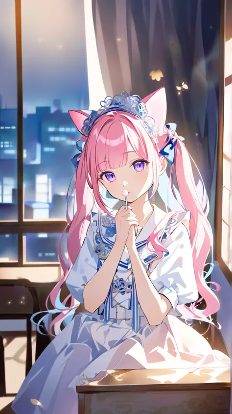 A charming anime-style teenage girl with long, flowing pink hair adorned with blue highlights, styled in twin tails and braided accents. She has playful cat ears on her head and large, expressive purple eyes. The character is wearing a navy blue and white ...