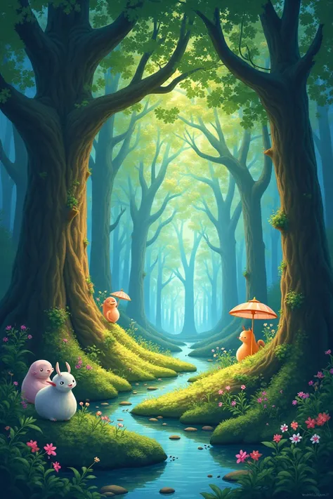 Viral anime nature wallpaper in 4K quality, in the style of digital illustration inspired by Hayao Miyazaki, featuring a serene forest with towering ancient trees, dappled sunlight filtering through the leaves, a gentle stream flowing through the scene, an...